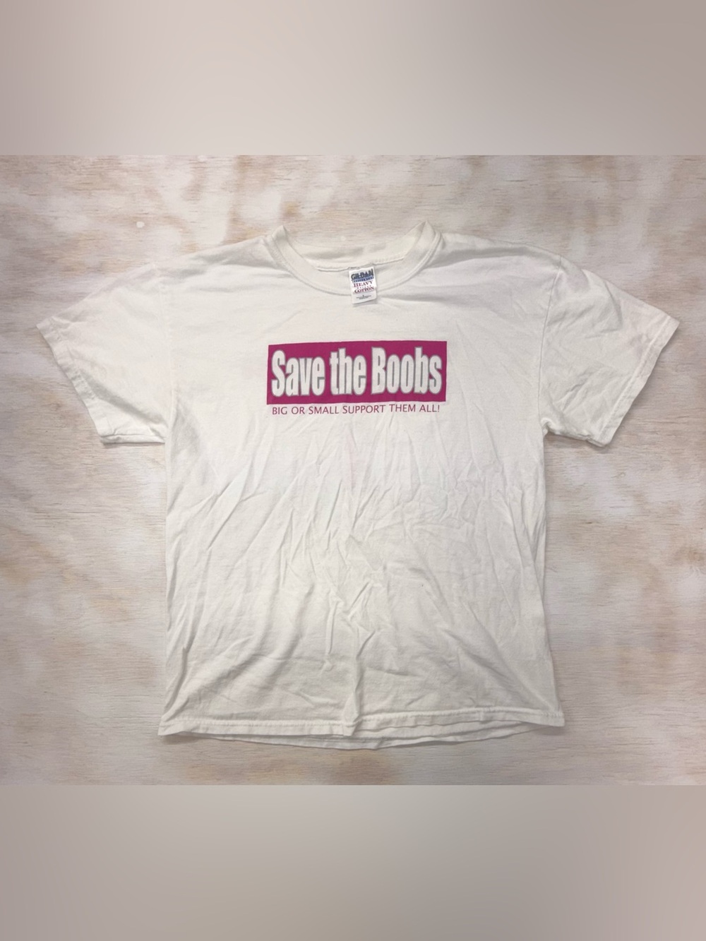 Save the Boobs Gildan Men’s Large White Tee with Bright Pink Graphic